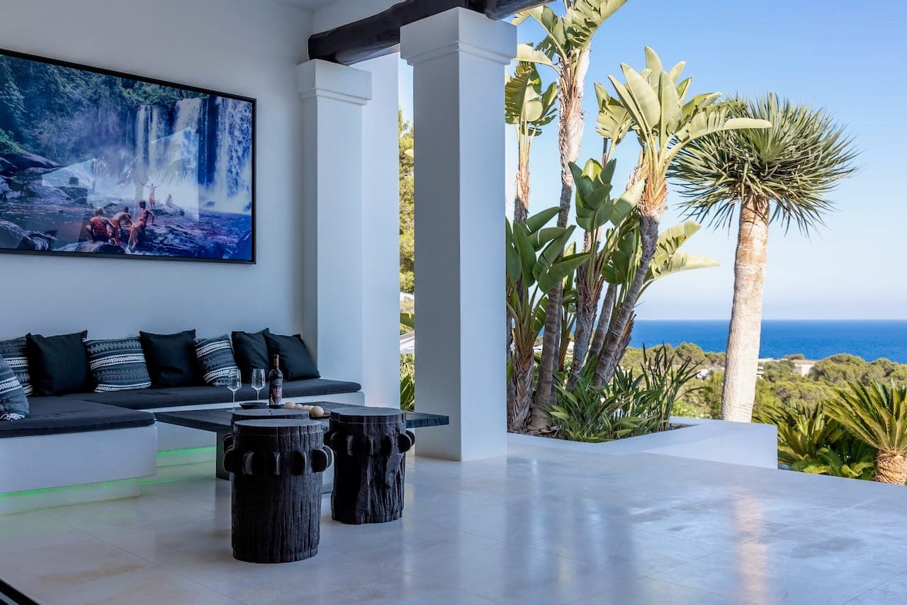 Covered lounge sea view terrace casa incendio ibiza spain padel
