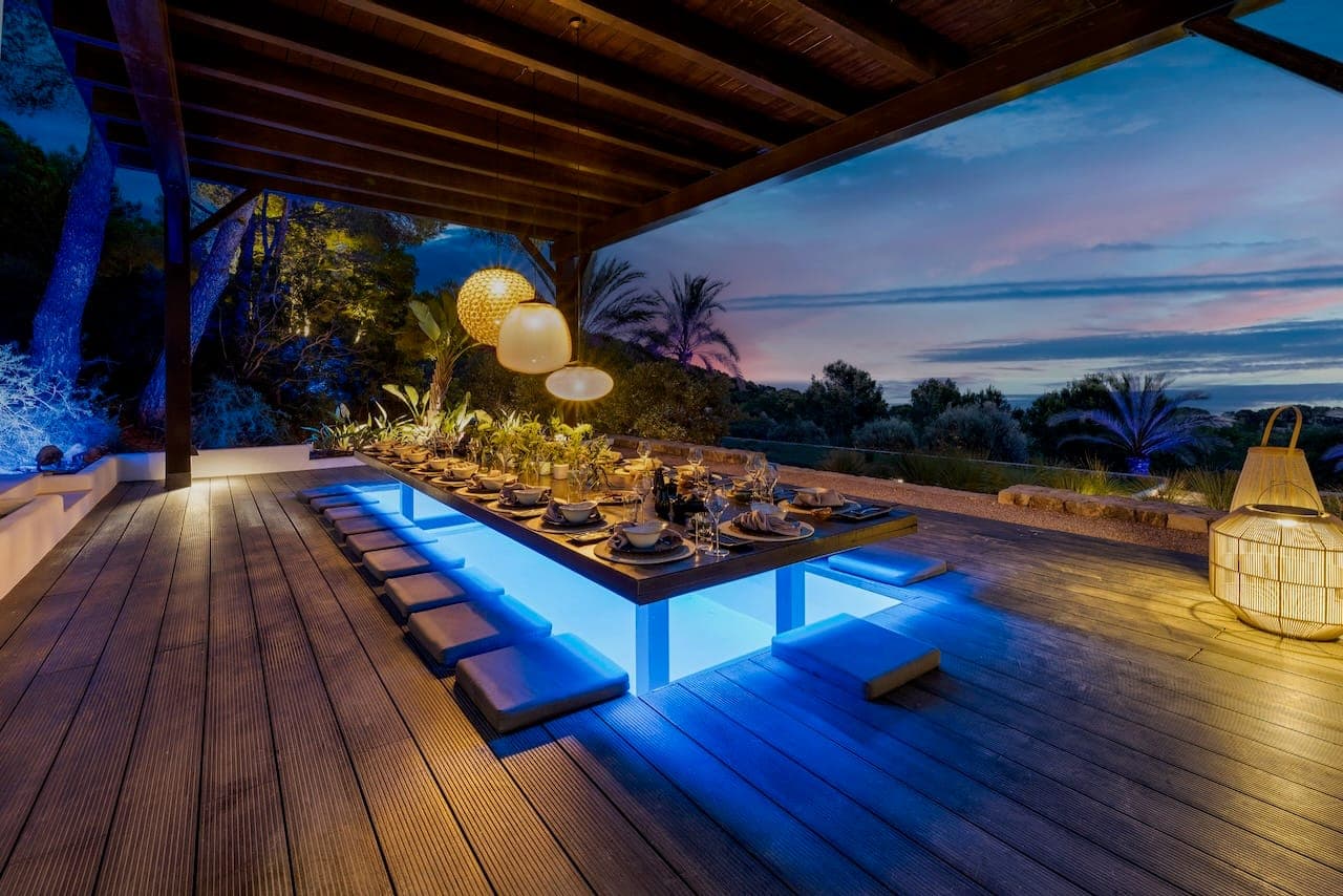 Dusk pergola dining led sunset casa incendio ibiza spain padel