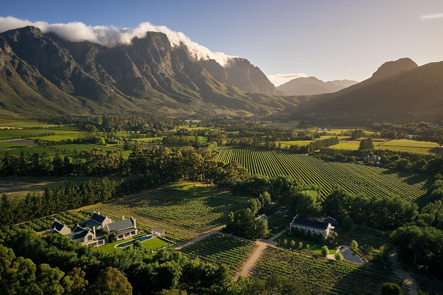 Aerial vineyard valley mountains 2 paddakloof franschhoek south africa padel