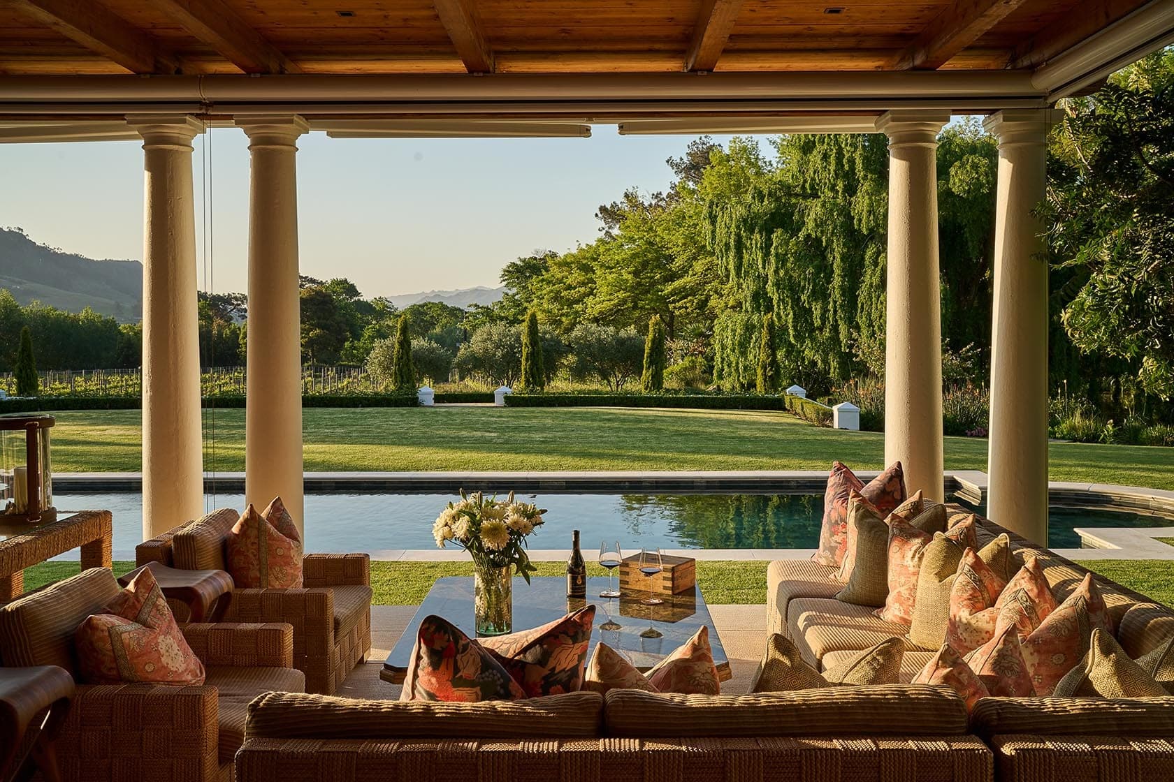 Covered terrace lounge pool view paddakloof franschhoek south africa padel