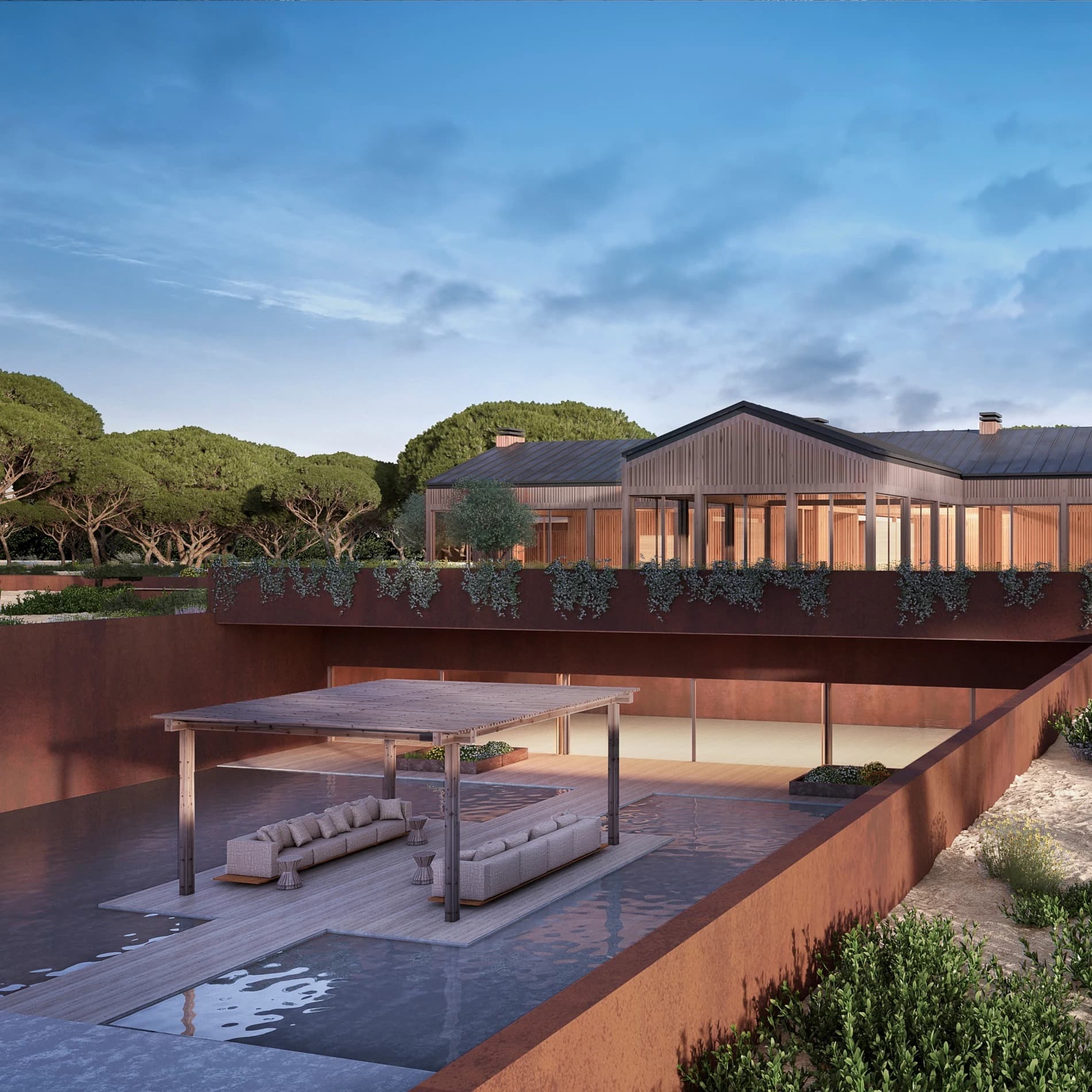 Modern house terrace pool dusk sublime comporta portugal padel