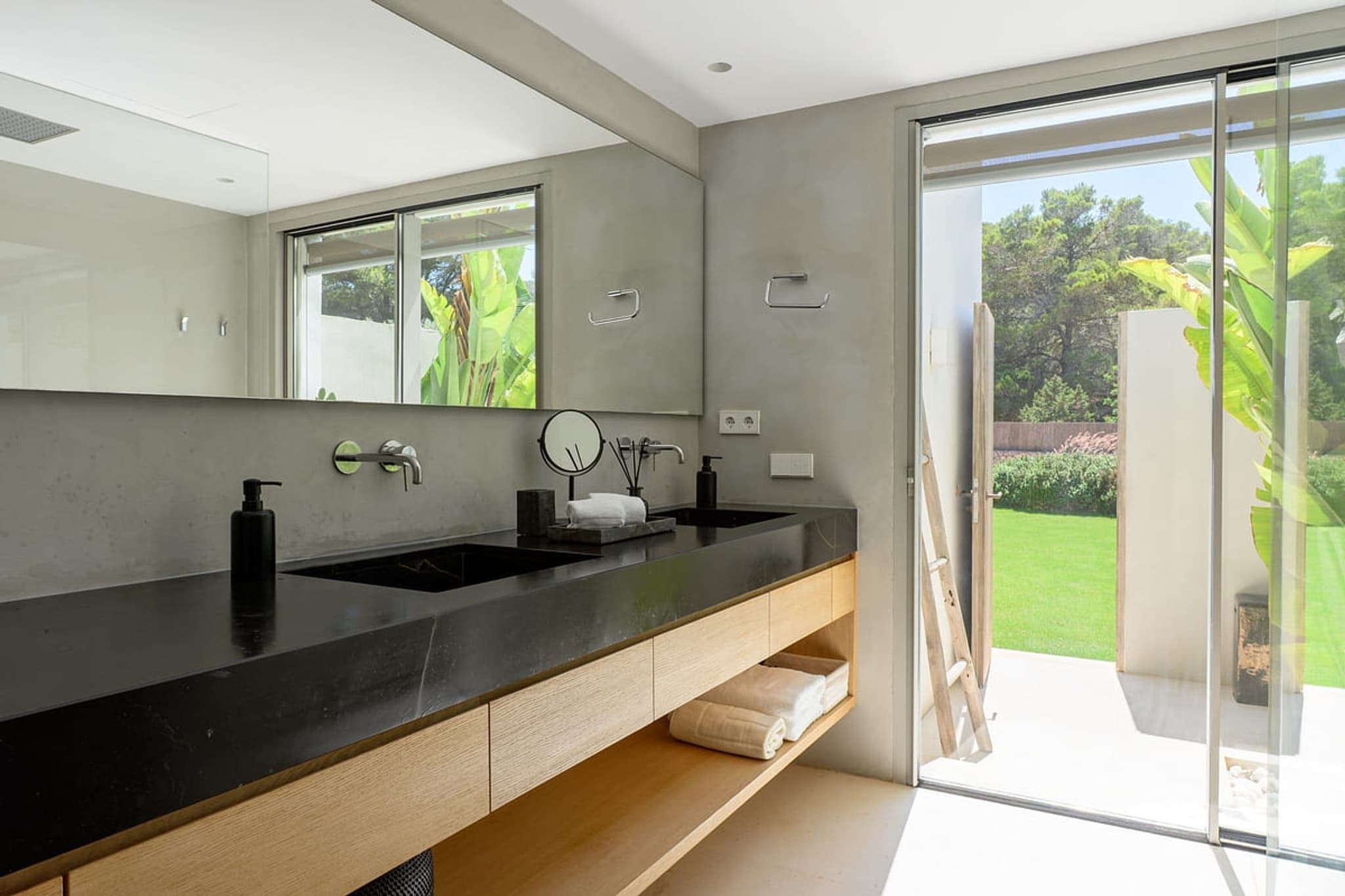 Bathroom vanity garden view villa cami ibiza spain padel