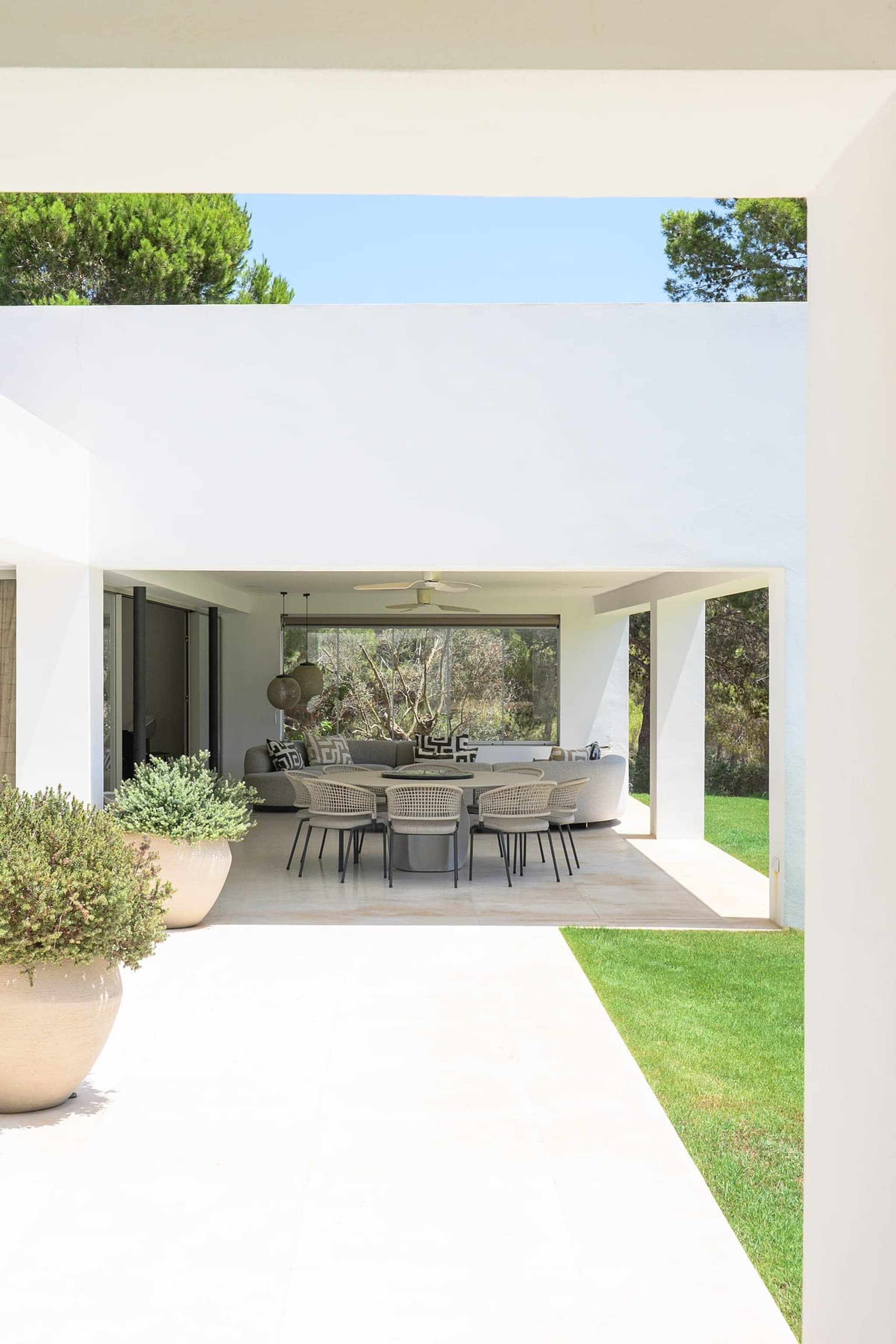 Covered outdoor dining lawn villa cami ibiza spain padel