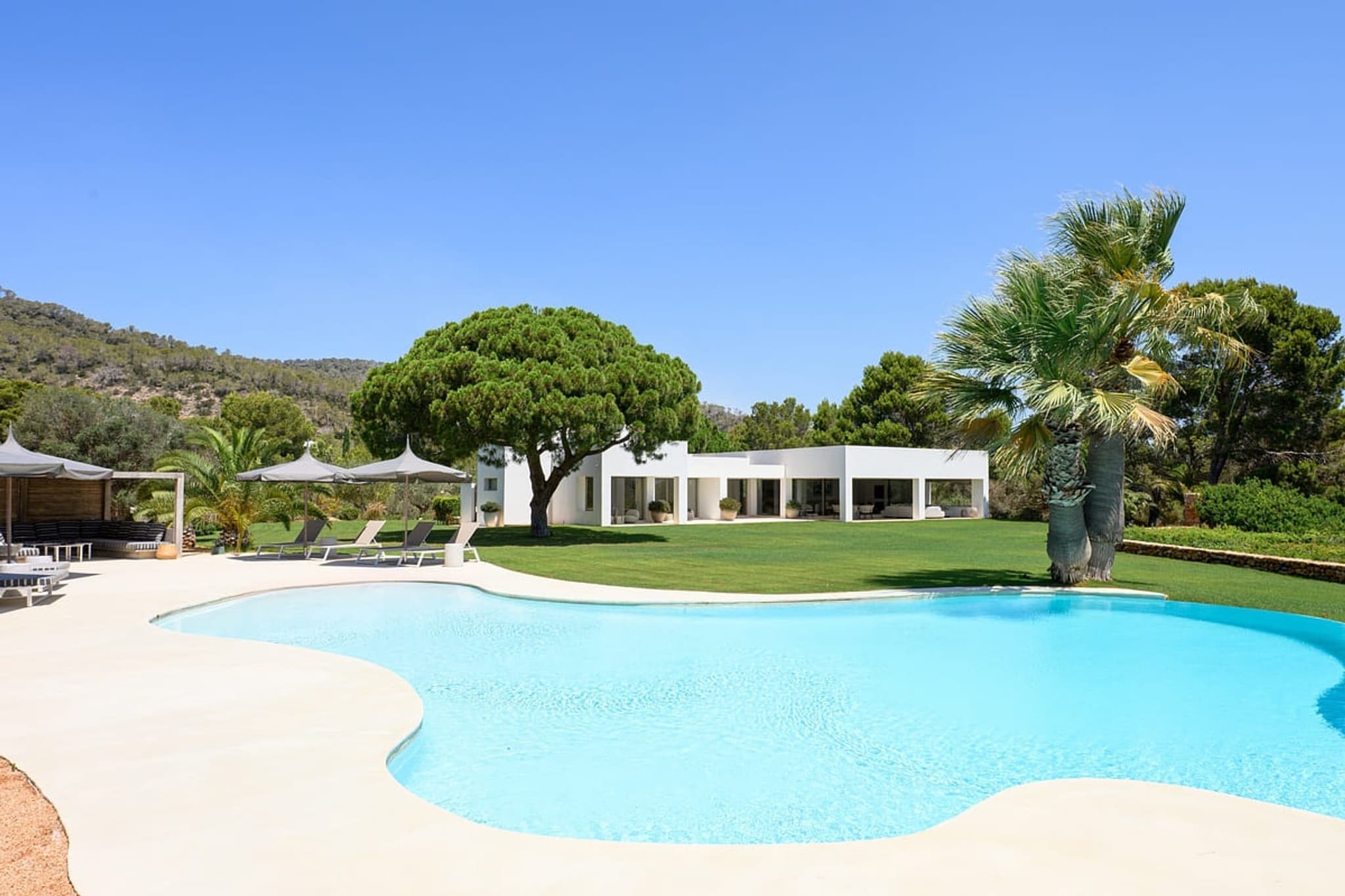 The curved pool on the lawn, the villa behind