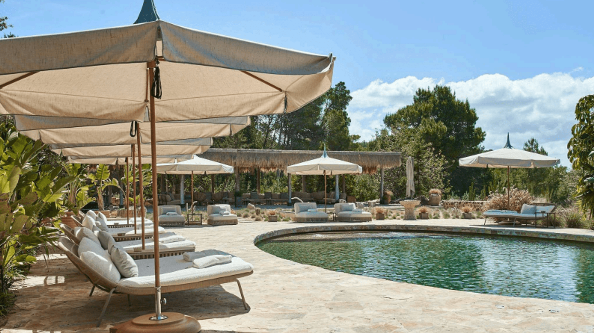 Pool daybeds parasol pavilion villa clarence ibiza spain padel