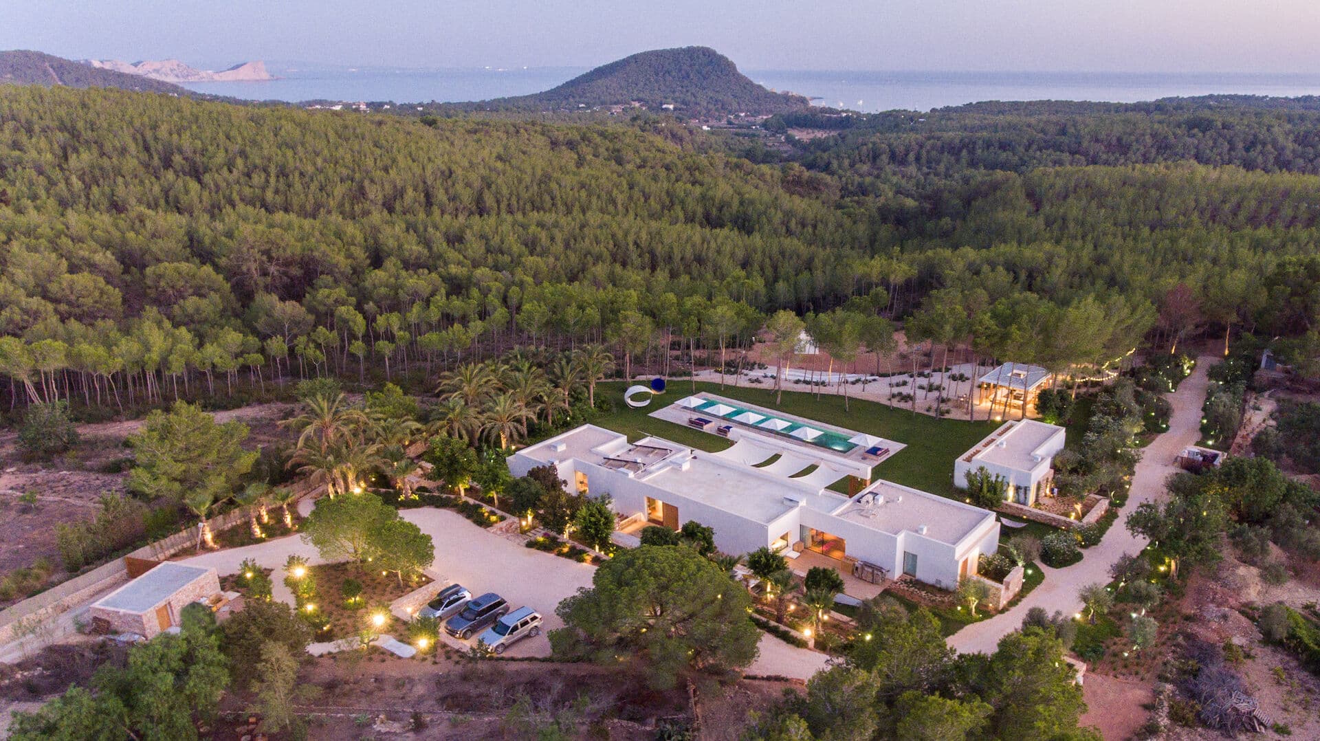 Aerial villa estate pine forest villa fusion ibiza spain padel