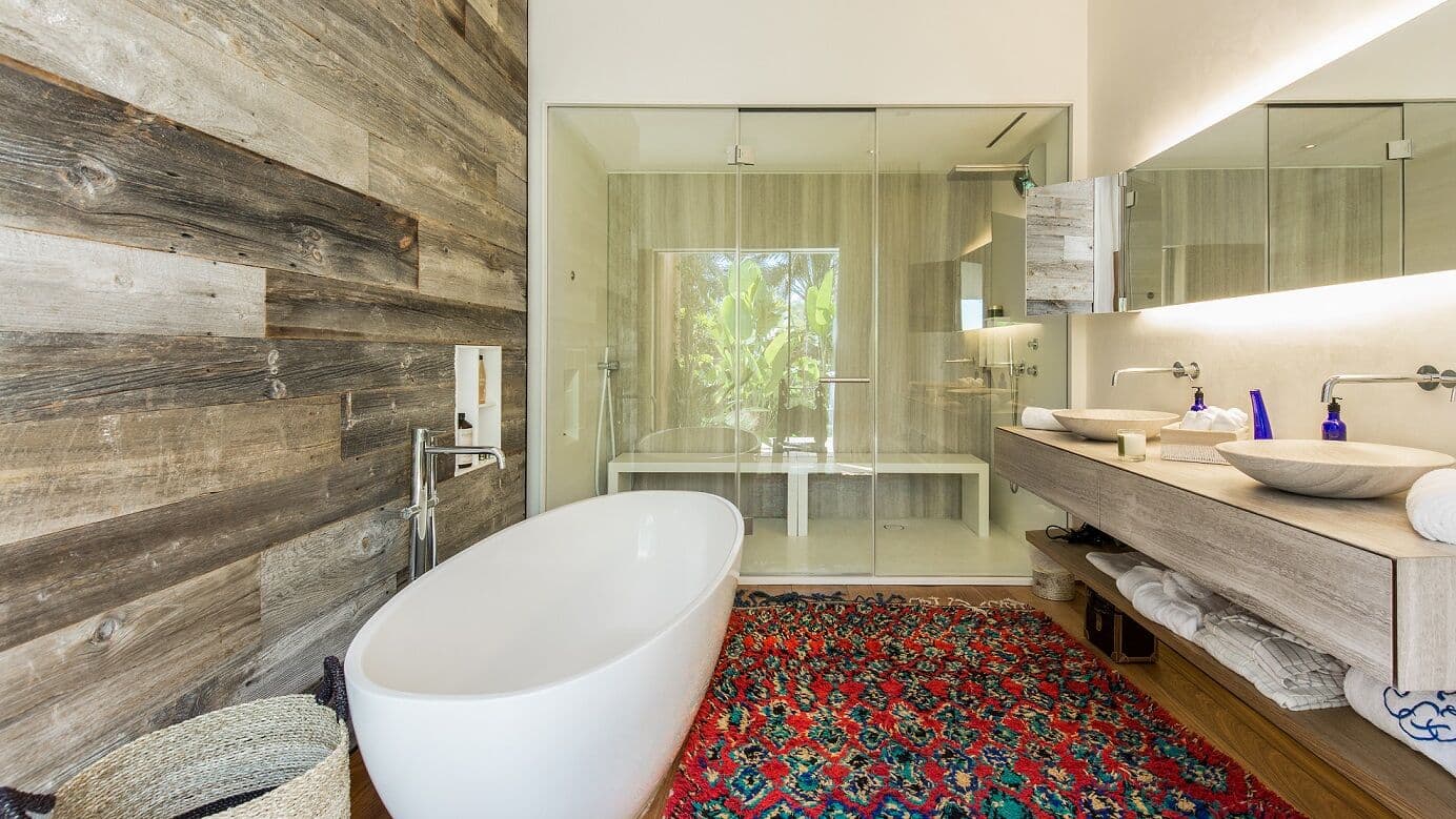Bathroom freestanding bathtub wood wall villa fusion ibiza spain padel