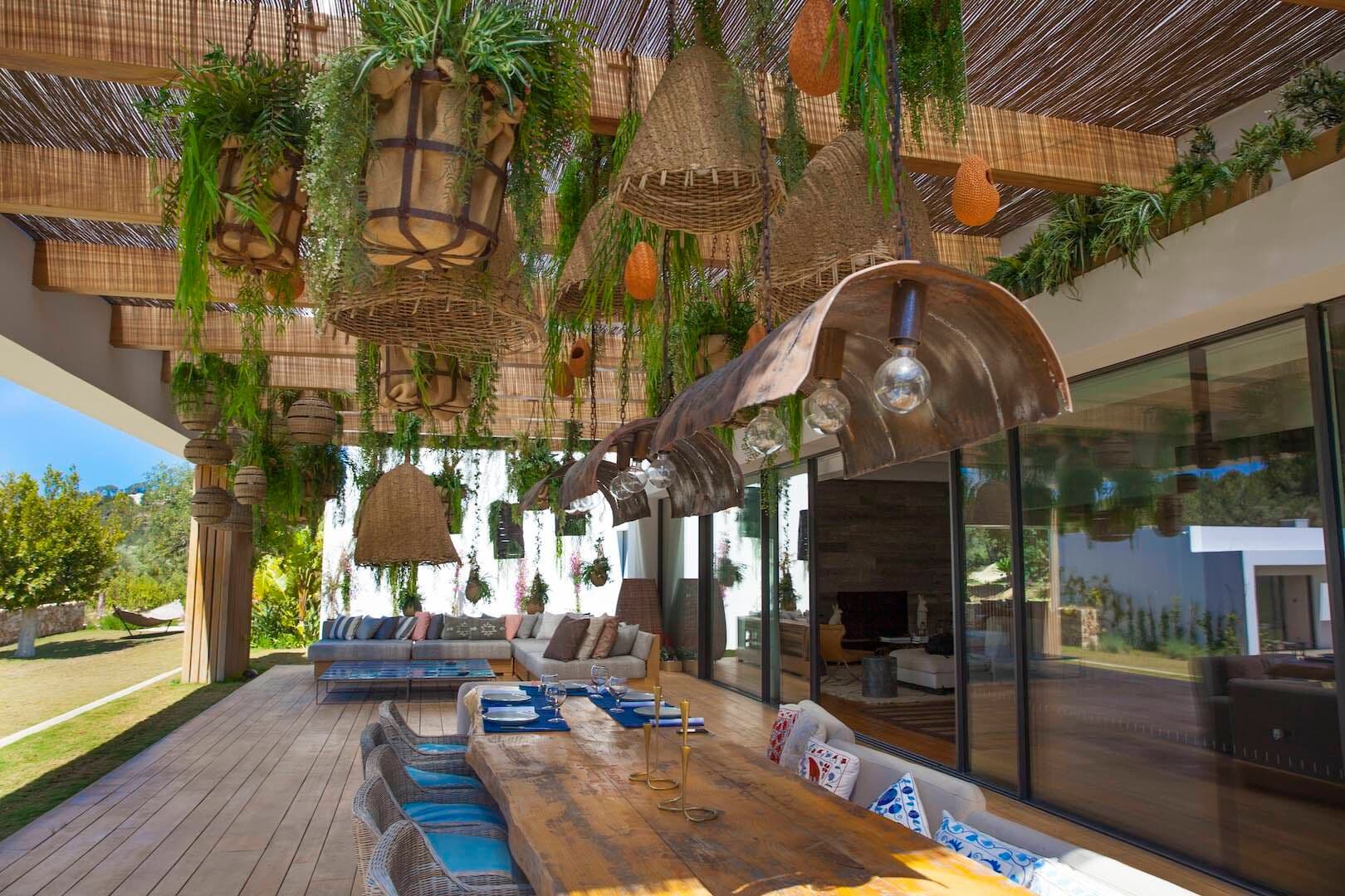 Covered terrace dining rattan pendants villa fusion ibiza spain padel
