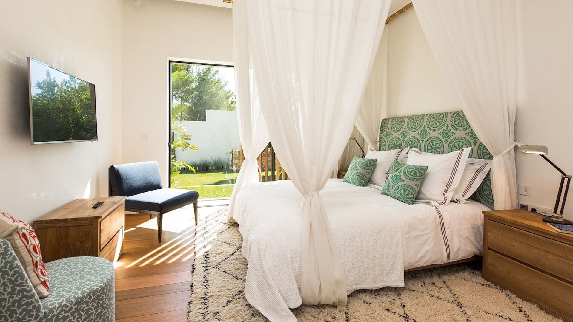 Double bedroom canopy green headboard villa fusion ibiza spain padel