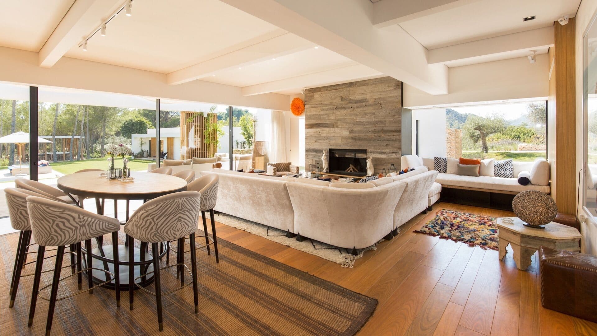 Open plan living fireplace dining villa fusion ibiza spain padel