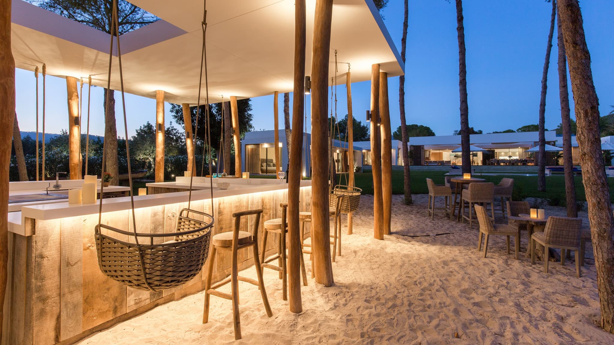 Outdoor bar hanging chair dusk villa fusion ibiza spain padel