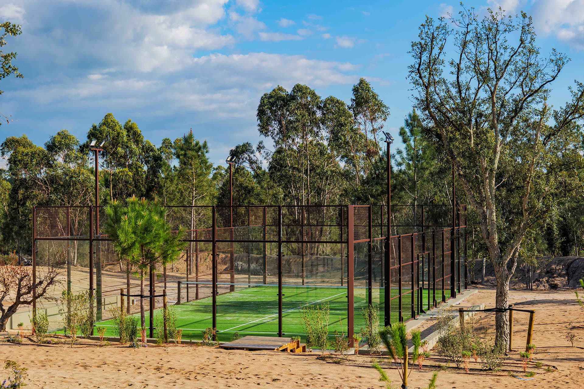 A private padel court set among trees on a wooded estate