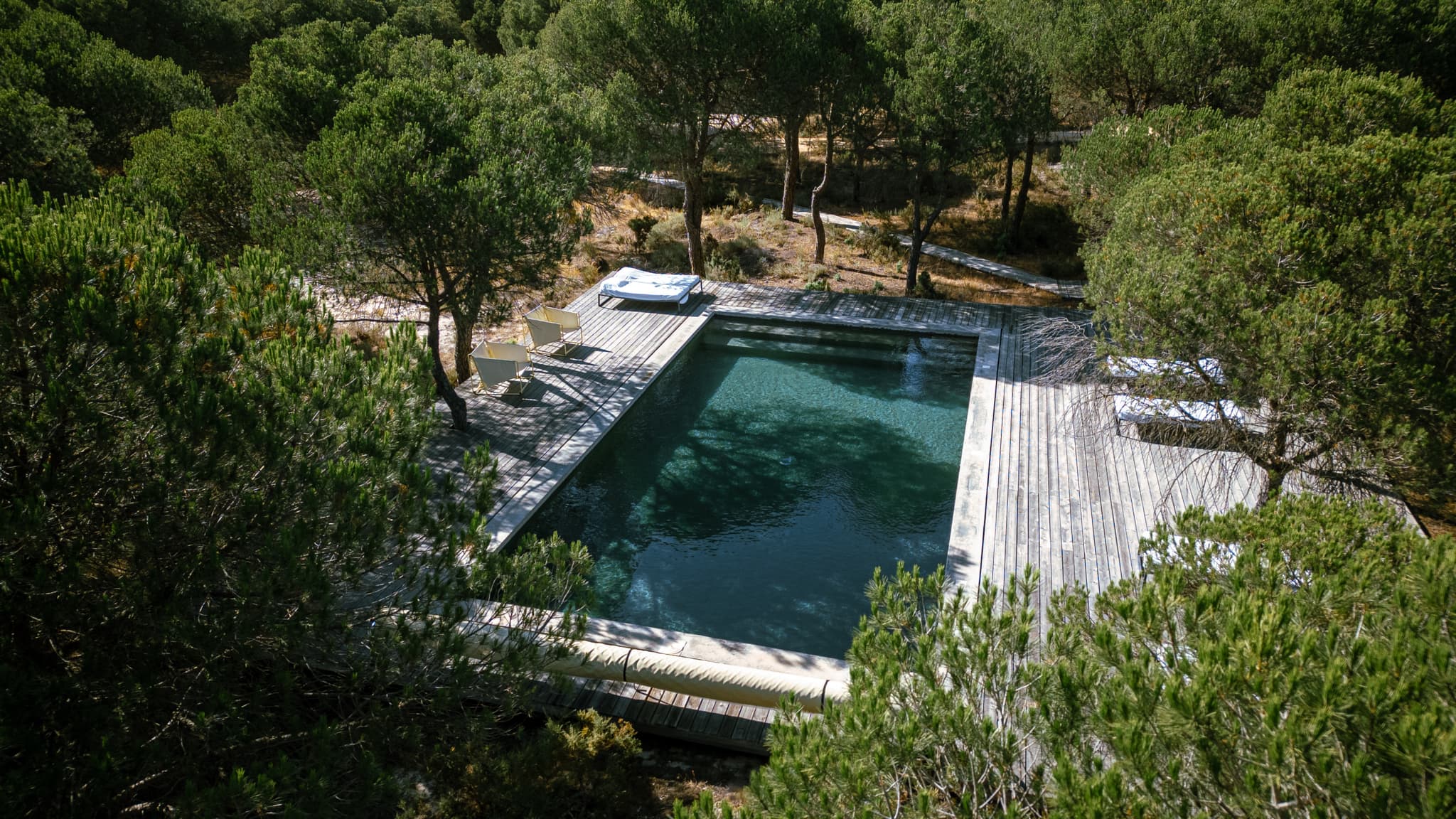 The pool from the air, in a clearing in the forest
