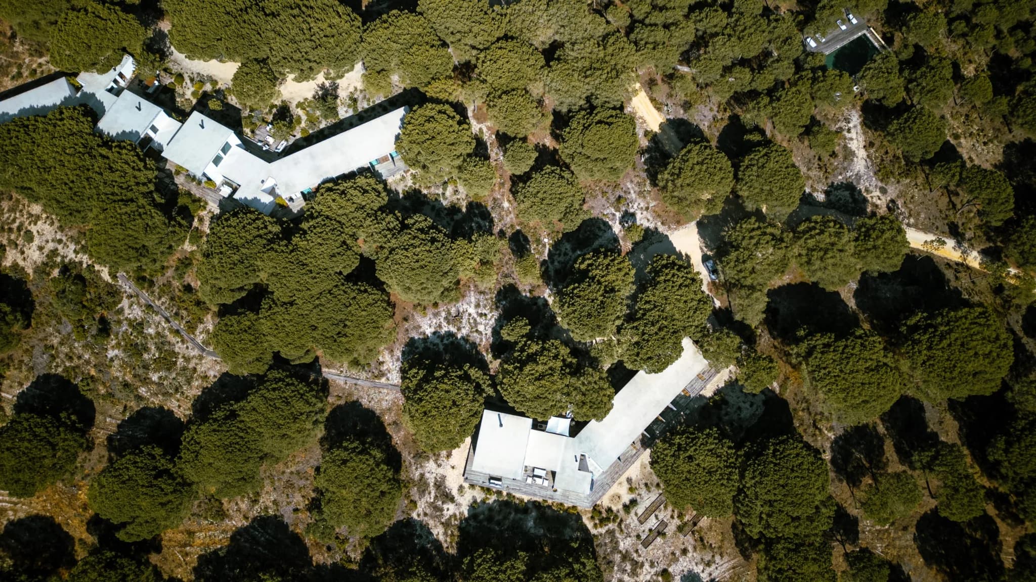 Aerial top down wings pine forest villa lapa comporta portugal padel