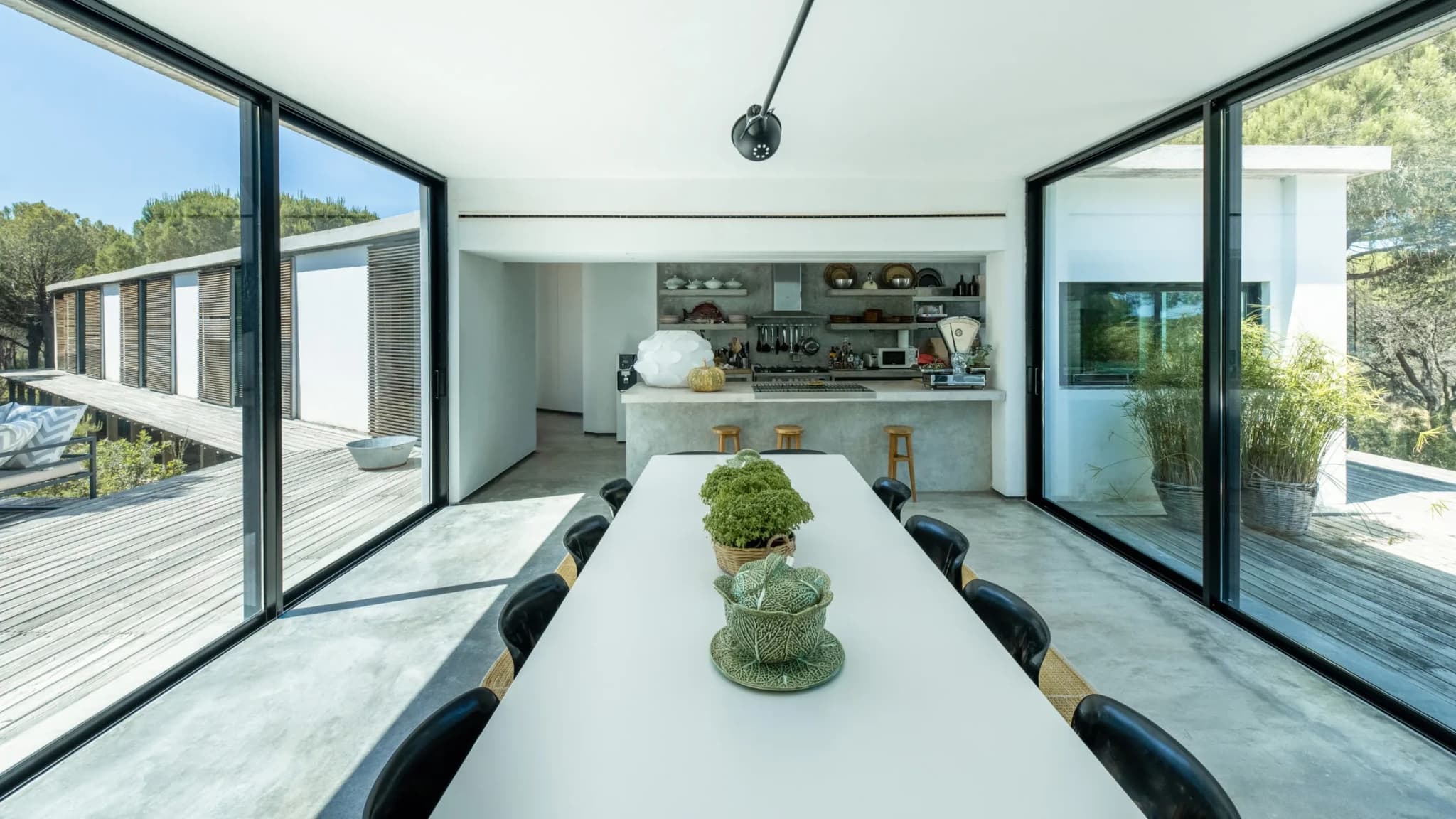 Dining table glass walls kitchen view villa lapa comporta portugal padel