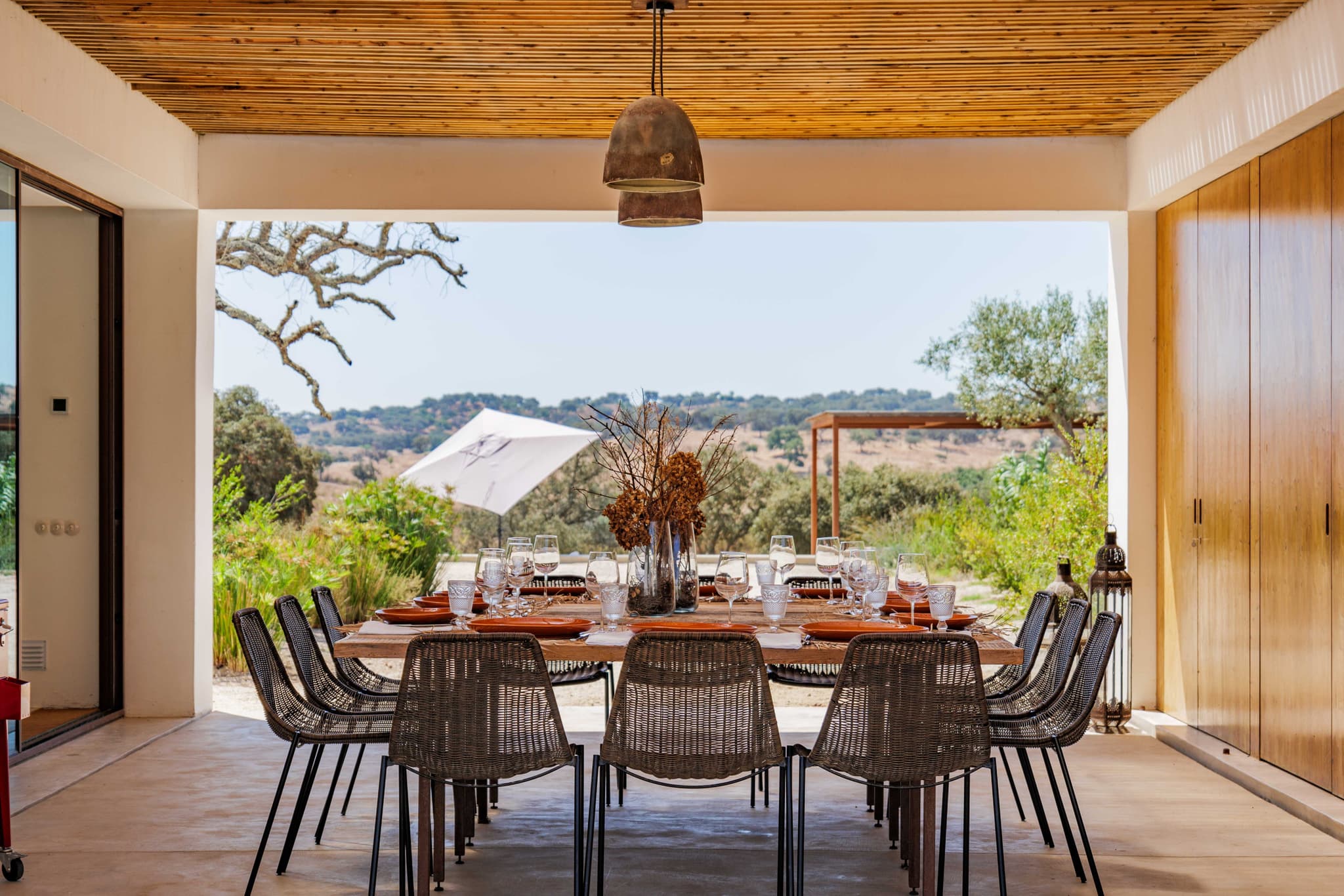 Covered outdoor dining countryside view villa quail comporta portugal padel