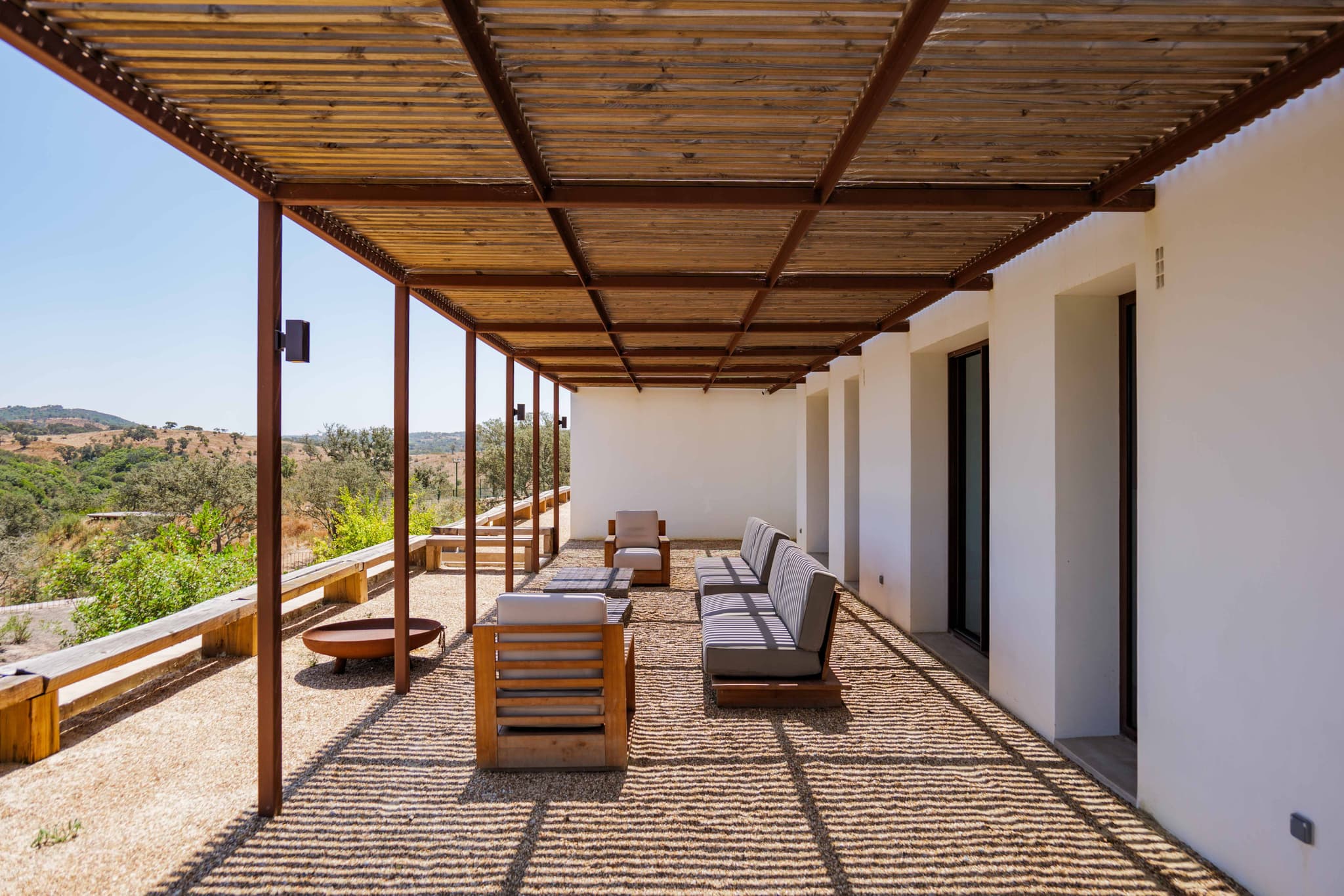 Covered terrace pergola loungers view villa quail comporta portugal padel