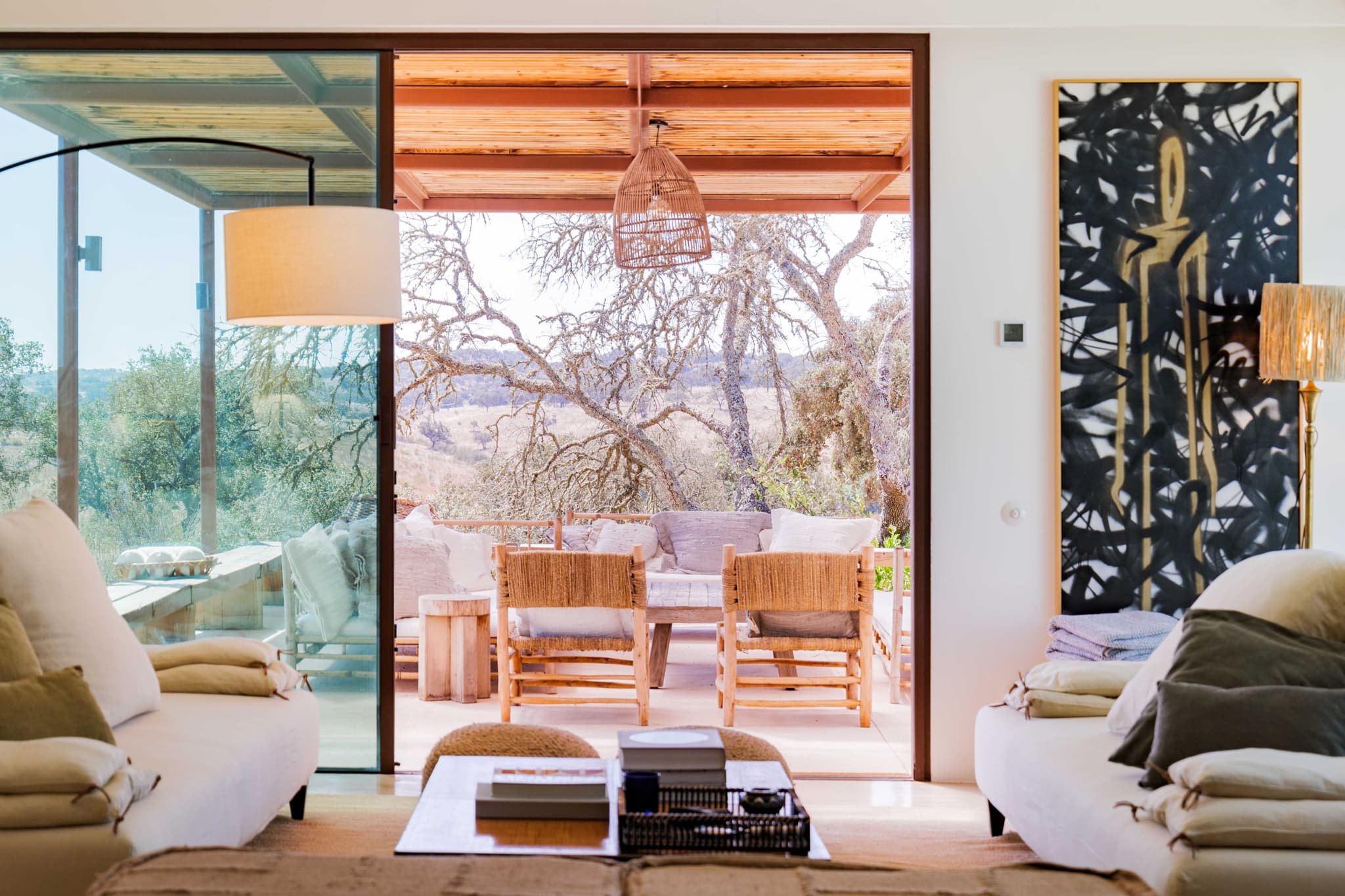 Living room open doors terrace dining villa quail comporta portugal padel