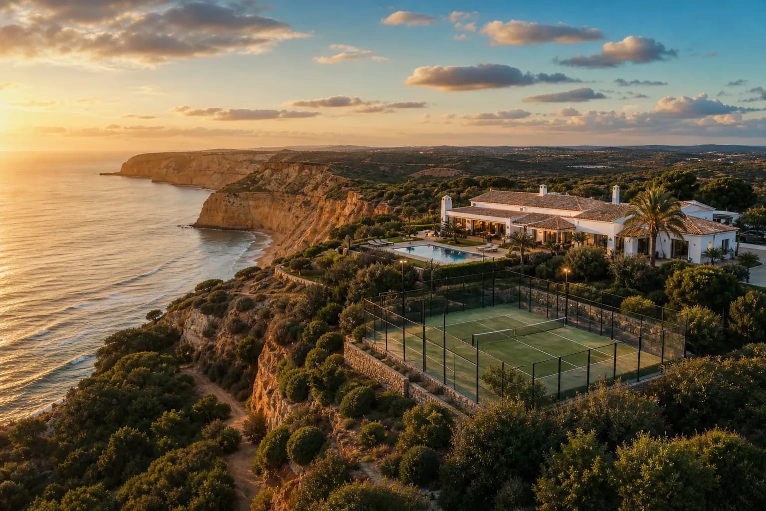 A clifftop villa above the Atlantic at sunset, the padel court set into the terrace below the pool