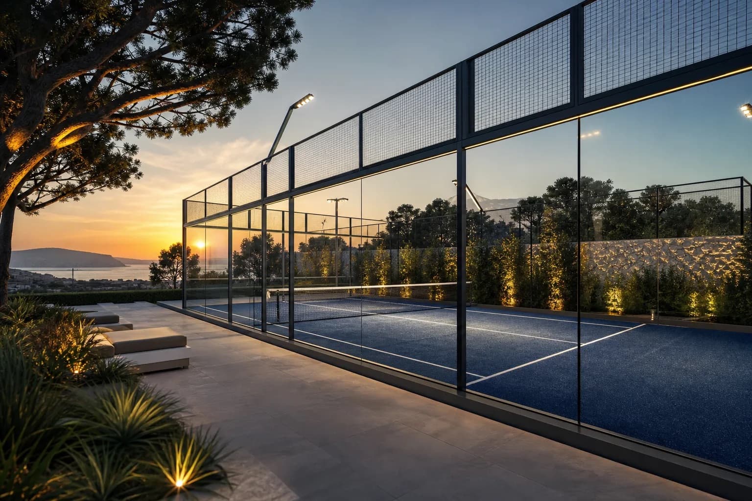 A floodlit padel court at dusk, glass walls with mesh above them and the sea beyond